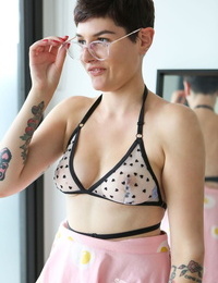 Nerdy dear next door Peachy in glasses bares her tall normal body & stretches