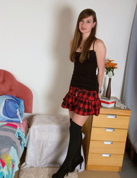 Teen juvenile Emily Jane shows off tiny tits in hooker socks and plaid skirt