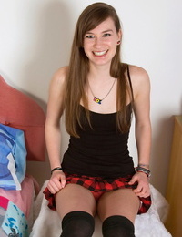 Teen juvenile Emily Jane shows off tiny tits in hooker socks and plaid skirt