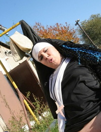 Lickerish nun encircling stockings Janine kneels less thither a blowjob in the lead open-air making love