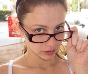 Teen in glasses Avri Gaines showing her big naturals & cunt all over the house