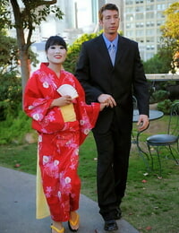 Japanese Geisha pleasures a white guy she just encountered in a public park