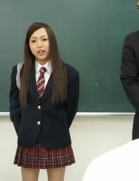 Japanese brunette Nana Sasaki shows her tits and gives head at school
