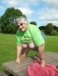 Obese oma Grandma Libby unveils her expressed tits and nuts on a picnic table