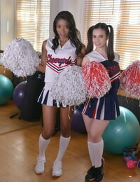 Ebony cheerleader Jasmine Webb & teen Nekane share a cock in the school gym