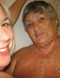 Grandma Libby and her lesbo lover wash each other during a shower