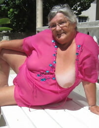 Old chick Grandma Libby reveals her morbidly obese body on a picnic table