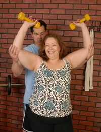 Obese granny Cyn undresses after exercise session to suck cock instead