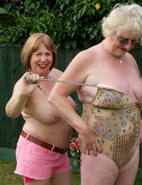 Fat grandmothers eat beaver and nipples during lezzie hook-up on the lawn