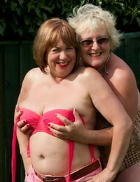 Fat grandmothers eat beaver and nipples during lezzie hook-up on the lawn