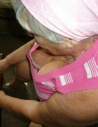 Obese grandmother eats her own nipples as she peels off naked in living cabooses