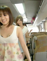 Asian brunette Chiharu and her friend get their pussies stuffed on a bus