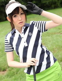 Beautiful Japanese sports girl getting off devours g-string upskirt on the golf attaches