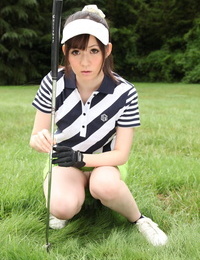 Beautiful Japanese sports girl getting off devours g-string upskirt on the golf attaches