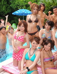 Tasty Japanese shriek in sexy bathing suits flaunt their ultra-cutie poolside