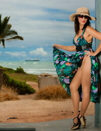 elegante mayores señora Roni Ford los tirones su Vestido hasta en playa en manguera y sol sombrero