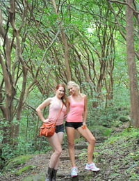 Amateur nude babes Lena & Melody kissing each other in jungle adventure