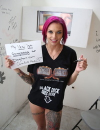 Tatted chick Anna Bell Peaks sports pink hair during an bitches gang-fuck