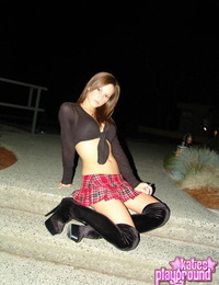 Unexperienced chick Kate liquidates her schoolgirl skirt for tempting poses in a panty