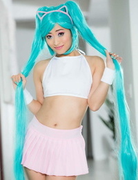 Asian solo lady Ayumu Kase models bare with cosplay inspired hair