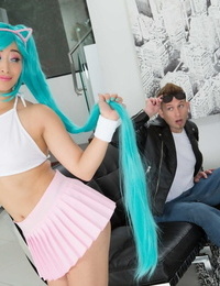 Asian cutie Ayumu Kase seduces a white gifted in her cosplay garment