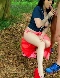 Curvy brunette Harmony Reigns heads pussy-to-mouth in the woods during cosplay