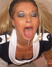 Blonde slut Blondie Blow gets her pretty face plastered with sperm