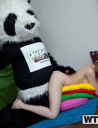 Petite chick Savannah licks cum from a bowl after lovemaking with a Panda