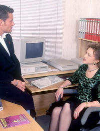Curly haired secretary from the 70s does a dp at work