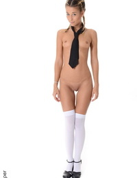 Lil\' schoolgirl Lola Reve sheds uniform to pose nude in necktie & pantyhose