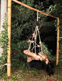 Asian BDSM feminine Marica Hase is tied up in forest by rude male