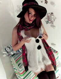 Hot redhead Japanese Sydney Mai in Christmas costume flashing nude upskirt