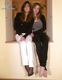 Impressive two pretty women Costanza and Giorgia enjoy to showcase their gams