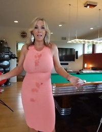 Clad blonde housewife Sandra Otterson modeling on balcony and pool table