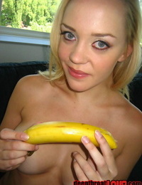 Cute ash-blonde lady Annette Schwarz trying to blow banana and carrot