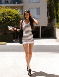 Lean brunette teenager Inez Saldero having fun with herself in public
