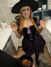 Horny witches Haley Reed and Penny Pax share a cock on a Halloween night