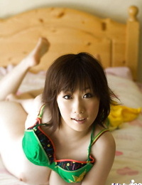 Full-bosomed asian coed Hanano Nono undressing off her undergarments on the bed