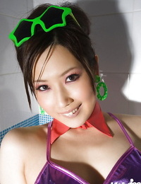 Asian babe Haruka Yagami lowering her fishnet stockings and subjugation
