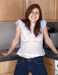 Kitchen maid Lacey globs her taut jeans and vagina\'s her S/M cooter