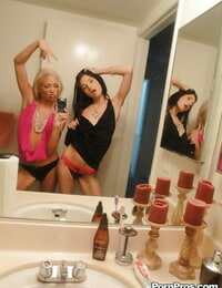 Skinny chicks Kacey and Zoey displaying off teenie tits while taking mirror selfie