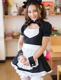 Cute Japanese maid gives her boss a handjob after he watches her masturbate