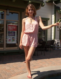 Long-legged white chick April Grantham flashes no panty upskirts in public